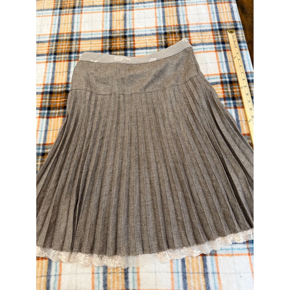 Goodclothes Brown Herringbone Pleated Midi Skirt Lace Trim 8 Dark Academia Fairy